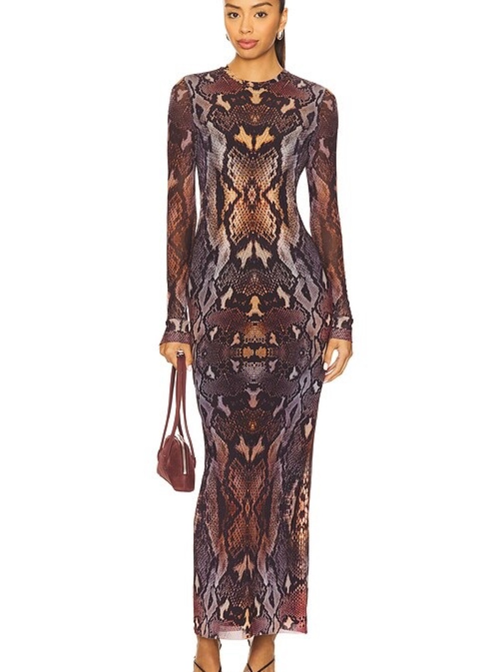 AFRM Snake Print Long Sleeve Maxi Dress in Brown & Black